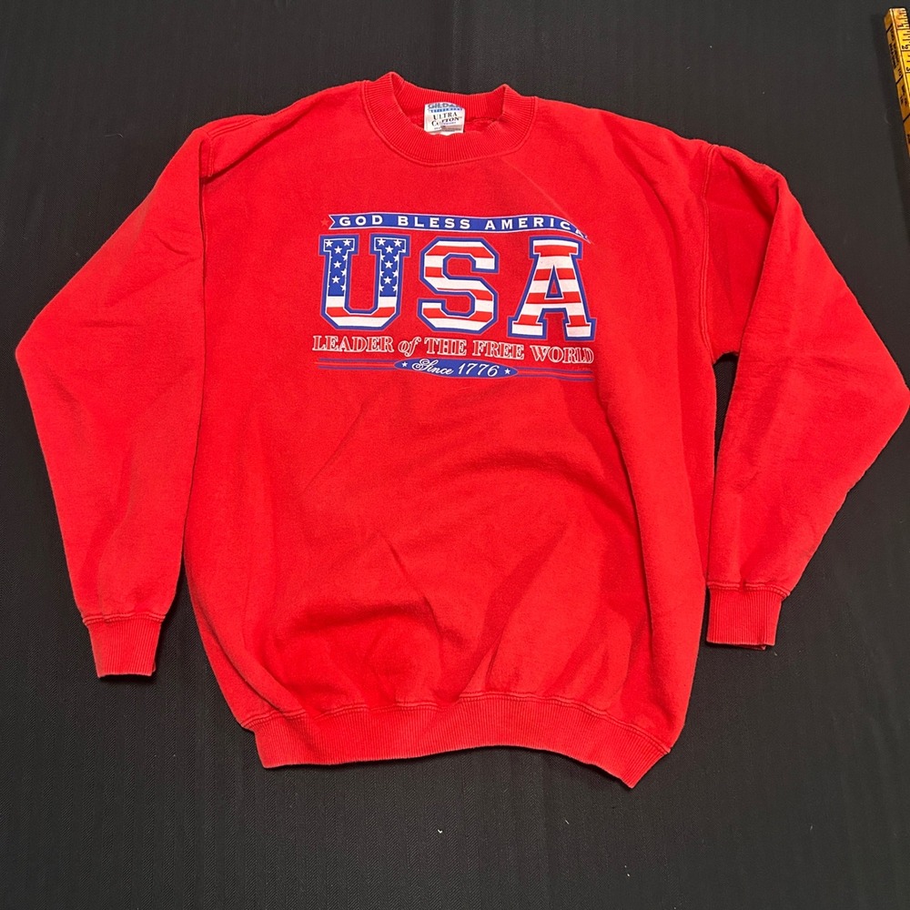 Gildan Ultra Cotton Red USA God Bless America Graphic Sweatshirt Mens Med VTG
